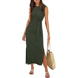image:imageANRABESS Womens Summer Maxi Dress Casual Crew Neck Tie Waist Split WrinkleFree Fit Tank Long Vacation Dresses 2026 SpringArmy Green