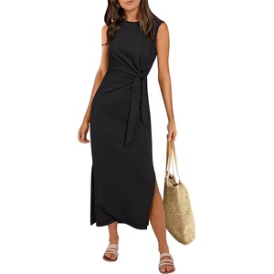 image:imageANRABESS Womens Summer Maxi Dress Casual Crew Neck Tie Waist Split WrinkleFree Fit Tank Long Vacation Dresses 2026 SpringBlack