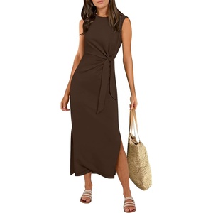 image:imageANRABESS Womens Summer Maxi Dress Casual Crew Neck Tie Waist Split WrinkleFree Fit Tank Long Vacation Dresses 2026 SpringBrown