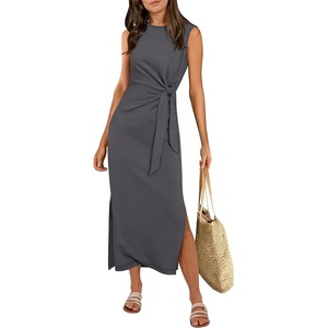 image:imageANRABESS Womens Summer Maxi Dress Casual Crew Neck Tie Waist Split WrinkleFree Fit Tank Long Vacation Dresses 2026 SpringDeep Grey