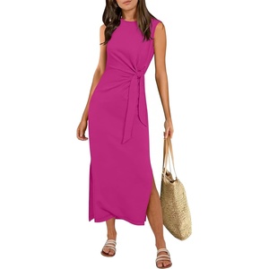 image:imageANRABESS Womens Summer Maxi Dress Casual Crew Neck Tie Waist Split WrinkleFree Fit Tank Long Vacation Dresses 2026 SpringHot Pink