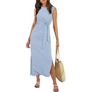 image:imageANRABESS Womens Summer Maxi Dress Casual Crew Neck Tie Waist Split WrinkleFree Fit Tank Long Vacation Dresses 2026 SpringLight Blue