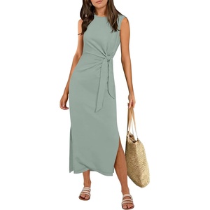 image:imageANRABESS Womens Summer Maxi Dress Casual Crew Neck Tie Waist Split WrinkleFree Fit Tank Long Vacation Dresses 2026 SpringLight Green