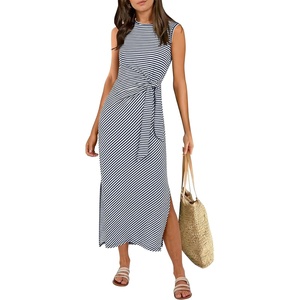 image:imageANRABESS Womens Summer Maxi Dress Casual Crew Neck Tie Waist Split WrinkleFree Fit Tank Long Vacation Dresses 2026 SpringNavy Blue White Striped