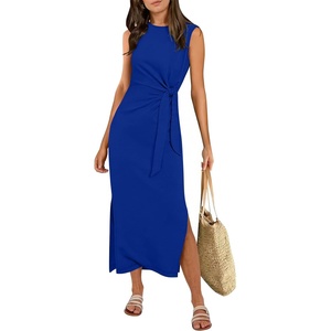 image:imageANRABESS Womens Summer Maxi Dress Casual Crew Neck Tie Waist Split WrinkleFree Fit Tank Long Vacation Dresses 2026 SpringRoyal Blue