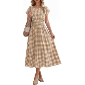 image:imageANRABESS Womens Summer Midi Dress Striped Casual Short Sleeve Crewneck Empire Waist 2026 Flowy Long Beach Dress with PocketsLight Brown Gingham