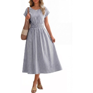 image:imageANRABESS Womens Summer Midi Dress Striped Casual Short Sleeve Crewneck Empire Waist 2026 Flowy Long Beach Dress with PocketsNavy White Stripe