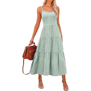 image:imageANRABESS Womens Summer Midi Dresses Casual Striped Plaid Sleeveless Flowy Maxi Dress 2026 Beach Vacation SundressGreen White Plaid