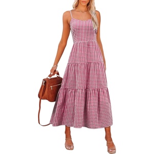 image:imageANRABESS Womens Summer Midi Dresses Casual Striped Plaid Sleeveless Flowy Maxi Dress 2026 Beach Vacation SundressRed White Plaid
