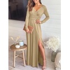 image:imageANRABESS Women Summer Deep V Neck Short Sleeve Dresses Slit Elegant Wedding Guest Formal Cocktail Evening Maxi Long DressZlong Sleeve Beige Apricot