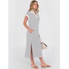 image:imageANRABESS Womens Summer Casual Midi Dresses Short Sleeve Polo V Neck Loose Split WrinkleFree Beach Vacation Tshirt Maxi DressGrey White Stripe