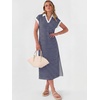 image:imageANRABESS Womens Summer Casual Midi Dresses Short Sleeve Polo V Neck Loose Split WrinkleFree Beach Vacation Tshirt Maxi DressNavy Blue White Stripe