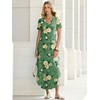 image:imageANRABESS Womens Summer Maxi Dress V Neck Short Sleeve Slit Side Shirt Dress Loose Fit Travel Beach Dress with PocketsGreen Yellow Rose Floral