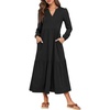image:imageANRABESS Womens Long Sleeve Maxi Dresses 2026 Spring Casual V Neck Flowy Tiered Boho Modest Vacation Dress with PocketsBlack
