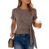 image:imageANRABESS Womens Tops Summer Short Sleeve Crewneck Tie Waist Shirts Dressy Casual Blouse Tee 2026 Business Work Trendy ClothesBrown