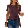 image:imageANRABESS Womens Tops Summer Short Sleeve Crewneck Tie Waist Shirts Dressy Casual Blouse Tee 2026 Business Work Trendy ClothesMaroon