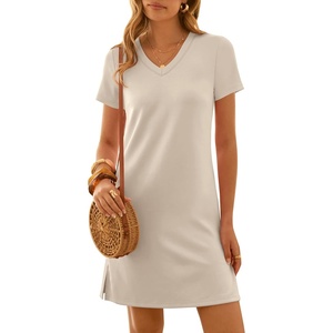 image:imageANRABESS Summer Dress for Women 2026 Vacation Clothes Short Sleeve V Neck Casual WrinkleFree T Shirt Sundress Travel HolidayBeige