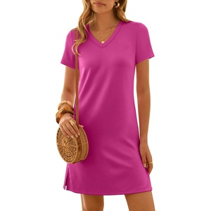 image:imageANRABESS Summer Dress for Women 2026 Vacation Clothes Short Sleeve V Neck Casual WrinkleFree T Shirt Sundress Travel HolidayHot Pink