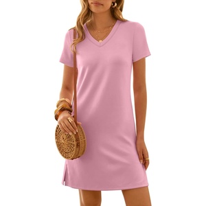 image:imageANRABESS Summer Dress for Women 2026 Vacation Clothes Short Sleeve V Neck Casual WrinkleFree T Shirt Sundress Travel HolidayPink