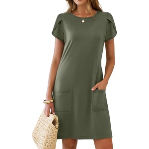image:imageANRABESS Swimsuit Coverup for Women Crew Neck Short Sleeve Beach Sundresses Summer T Shirt Dress with Pockets PlainPrintOlive Green