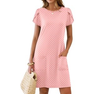 image:imageANRABESS Swimsuit Coverup for Women Crew Neck Short Sleeve Beach Sundresses Summer T Shirt Dress with Pockets PlainPrintPolka Dot