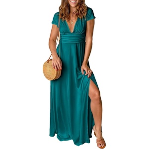image:imageANRABESS Women Summer Deep V Neck Short Sleeve Dresses Slit Elegant Wedding Guest Formal Cocktail Evening Maxi Long DressShort Sleeve Lake