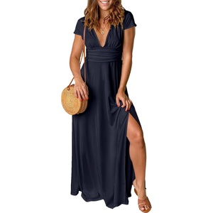 image:imageANRABESS Women Summer Deep V Neck Short Sleeve Dresses Slit Elegant Wedding Guest Formal Cocktail Evening Maxi Long DressShort Sleeve Navy Blue