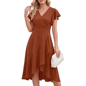 image:imageANRABESS Womens Cocktail Dress Semi Formal Wedding Guest Wrap Midi Dresses Summer Western A Line High Low Ruffled DressBurnt Orange