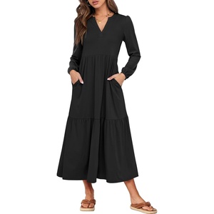 image:imageANRABESS Womens Long Sleeve Maxi Dresses 2026 Spring Casual V Neck Flowy Tiered Boho Modest Vacation Dress with PocketsBlack