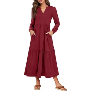 image:imageANRABESS Womens Long Sleeve Maxi Dresses 2026 Spring Casual V Neck Flowy Tiered Boho Modest Vacation Dress with PocketsDeep Red