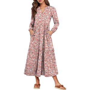image:imageANRABESS Womens Long Sleeve Maxi Dresses 2026 Spring Casual V Neck Flowy Tiered Boho Modest Vacation Dress with PocketsFloral Pink