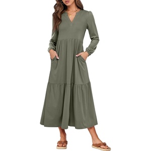 image:imageANRABESS Womens Long Sleeve Maxi Dresses 2026 Spring Casual V Neck Flowy Tiered Boho Modest Vacation Dress with PocketsOlive Green