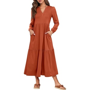 image:imageANRABESS Womens Long Sleeve Maxi Dresses 2026 Spring Casual V Neck Flowy Tiered Boho Modest Vacation Dress with PocketsRust Red