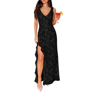 image:imageANRABESS Womens Sexy V Neck Sleeveless Wedding Guest Dresses Spring Mesh Bodycon High Slit Ruffle Hem Cocktail Maxi DressBlack