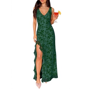 image:imageANRABESS Womens Sexy V Neck Sleeveless Wedding Guest Dresses Spring Mesh Bodycon High Slit Ruffle Hem Cocktail Maxi DressDeep Green