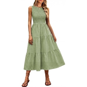 image:imageANRABESS Womens Summer Casual Maxi Dress Sleeveless Crewneck Smocked 2026 Flowy Plaid Tiered Boho A Line Beach Long SundressArmy White Plaid