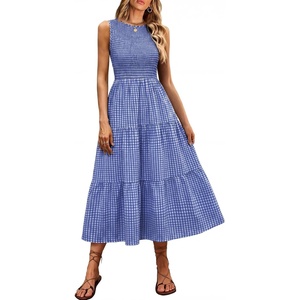 image:imageANRABESS Womens Summer Casual Maxi Dress Sleeveless Crewneck Smocked 2026 Flowy Plaid Tiered Boho A Line Beach Long SundressDarkblue White Plaid