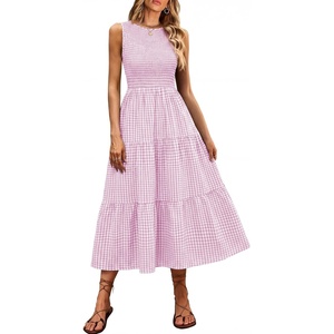 image:imageANRABESS Womens Summer Casual Maxi Dress Sleeveless Crewneck Smocked 2026 Flowy Plaid Tiered Boho A Line Beach Long SundressPink White Plaid