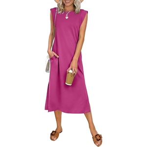image:imageANRABESS Womens Summer Casual Midi Dress Sleeveless Crewneck Loose Split WrinkleFree Beach Travel Vacation Long SundressHot Pink