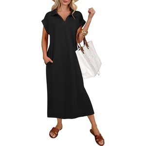 image:imageANRABESS Womens Summer Casual Midi Dresses Short Sleeve Polo V Neck Loose Split WrinkleFree Beach Vacation Tshirt Maxi DressBlack