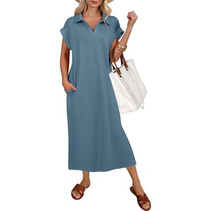 image:imageANRABESS Womens Summer Casual Midi Dresses Short Sleeve Polo V Neck Loose Split WrinkleFree Beach Vacation Tshirt Maxi DressGrey Blue