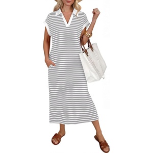 image:imageANRABESS Womens Summer Casual Midi Dresses Short Sleeve Polo V Neck Loose Split WrinkleFree Beach Vacation Tshirt Maxi DressGrey White Stripe