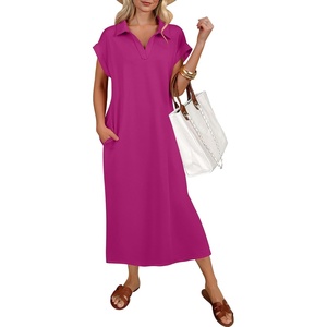 image:imageANRABESS Womens Summer Casual Midi Dresses Short Sleeve Polo V Neck Loose Split WrinkleFree Beach Vacation Tshirt Maxi DressHot Pink