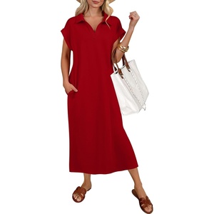 image:imageANRABESS Womens Summer Casual Midi Dresses Short Sleeve Polo V Neck Loose Split WrinkleFree Beach Vacation Tshirt Maxi DressRed