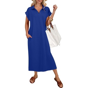 image:imageANRABESS Womens Summer Casual Midi Dresses Short Sleeve Polo V Neck Loose Split WrinkleFree Beach Vacation Tshirt Maxi DressRoyal Blue