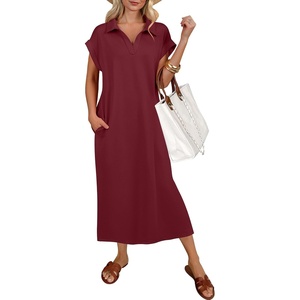 image:imageANRABESS Womens Summer Casual Midi Dresses Short Sleeve Polo V Neck Loose Split WrinkleFree Beach Vacation Tshirt Maxi DressWine Red