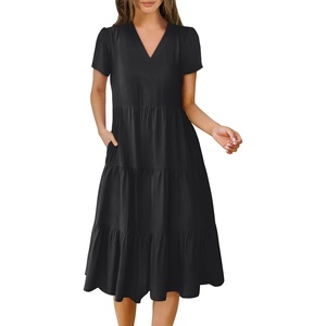 image:imageANRABESS Womens Summer Casual Short Sleeve V Neck Midi Dresses 2026 Spring Flowy Aline Tiered T Shirts Boho Beach DressBlack