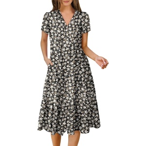 image:imageANRABESS Womens Summer Casual Short Sleeve V Neck Midi Dresses 2026 Spring Flowy Aline Tiered T Shirts Boho Beach DressBlack White Floral