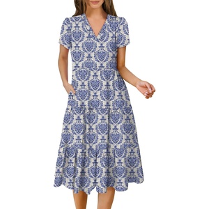 image:imageANRABESS Womens Summer Casual Short Sleeve V Neck Midi Dresses 2026 Spring Flowy Aline Tiered T Shirts Boho Beach DressBlue Khaki Floral
