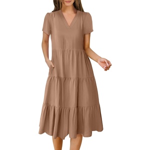 image:imageANRABESS Womens Summer Casual Short Sleeve V Neck Midi Dresses 2026 Spring Flowy Aline Tiered T Shirts Boho Beach DressBrown Beige